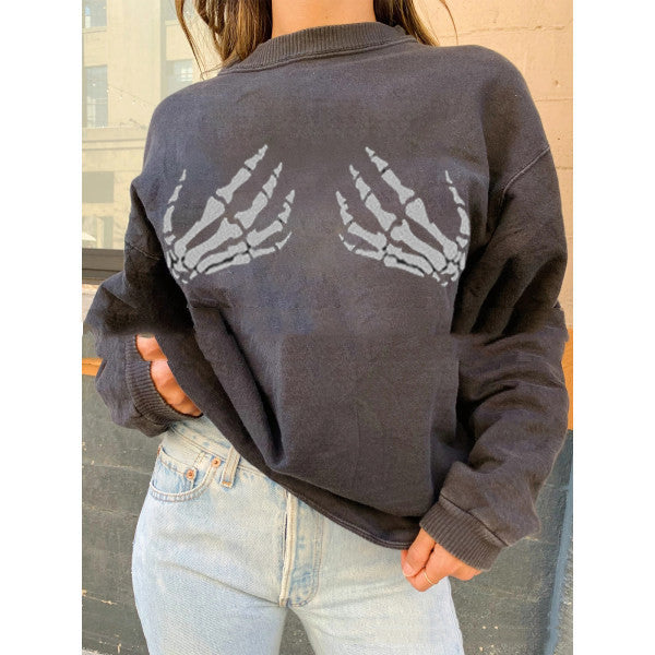 Ny mode sweater kvinde hvid knogle håndprint løs