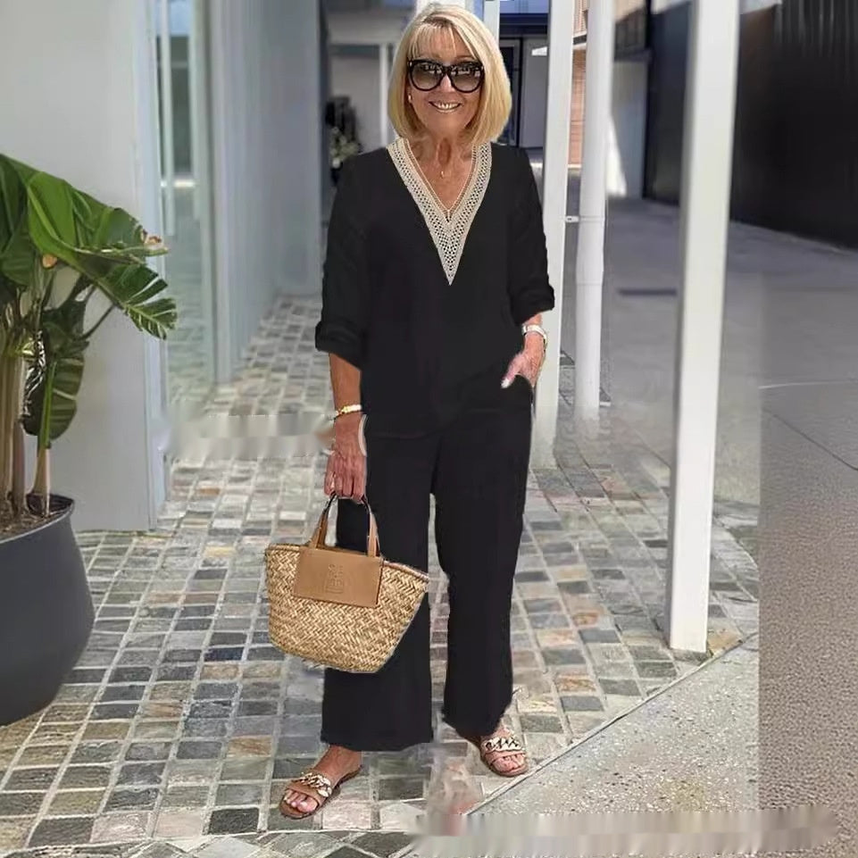 Solid Color Long Sleeve Plus Size Loose Suit Elegant Commute Two-piece Set For Women
