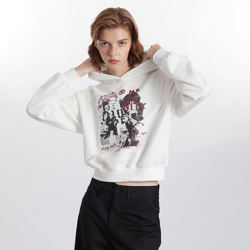 Letter Printed Hoodie Women's Retro Hooded Short