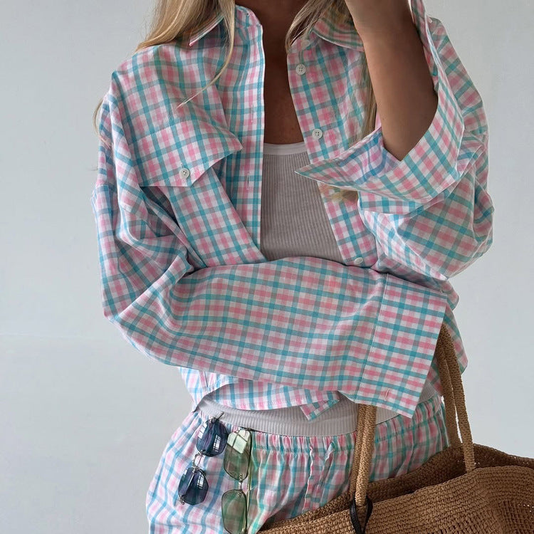 Plaid Lapel Long-sleeve Shirt And Loose-fitting Trousers Set