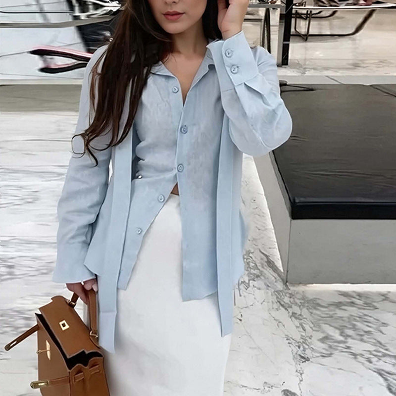 Elegant Tie Summer And Autumn Solid Color Top Korean Style Casual Long Sleeve Shirt