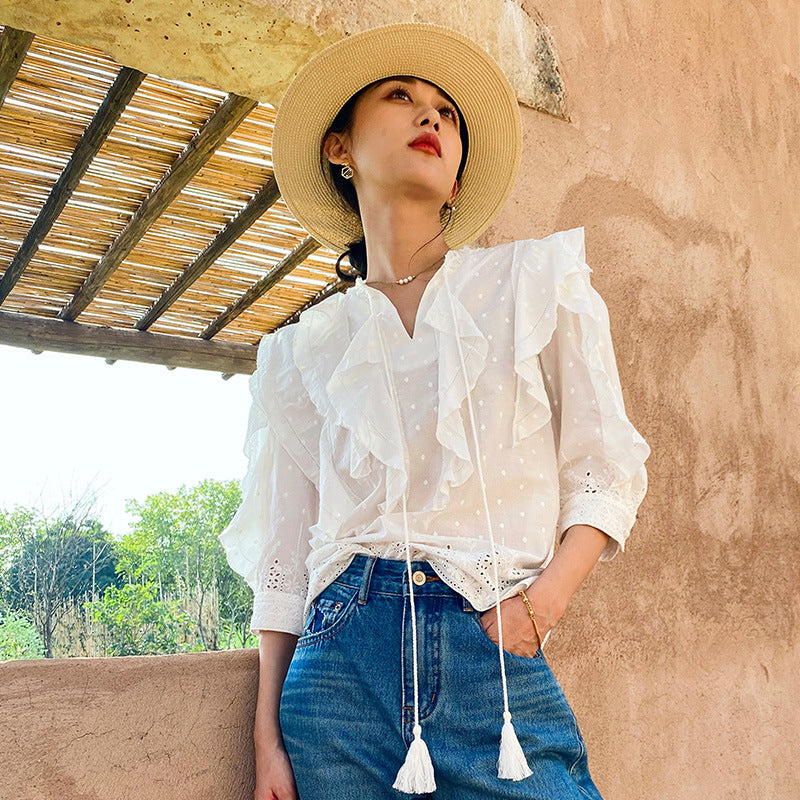 Puff Sleeve Small Top New French White Shirt