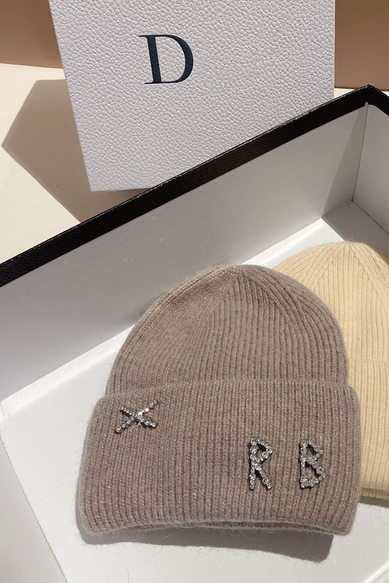 Winter RB Letter Fashion Rabbit Fur Knitted Warm Hat Female