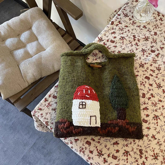 Mushroom House Handmade Wool Weave Vintage Cute Handbag Ladies