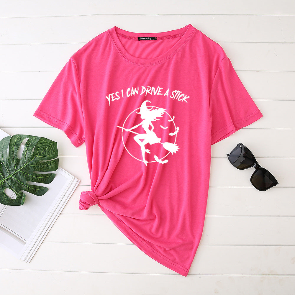 Flying Witch Print Crew Neck Short Sleeve T-Shirt