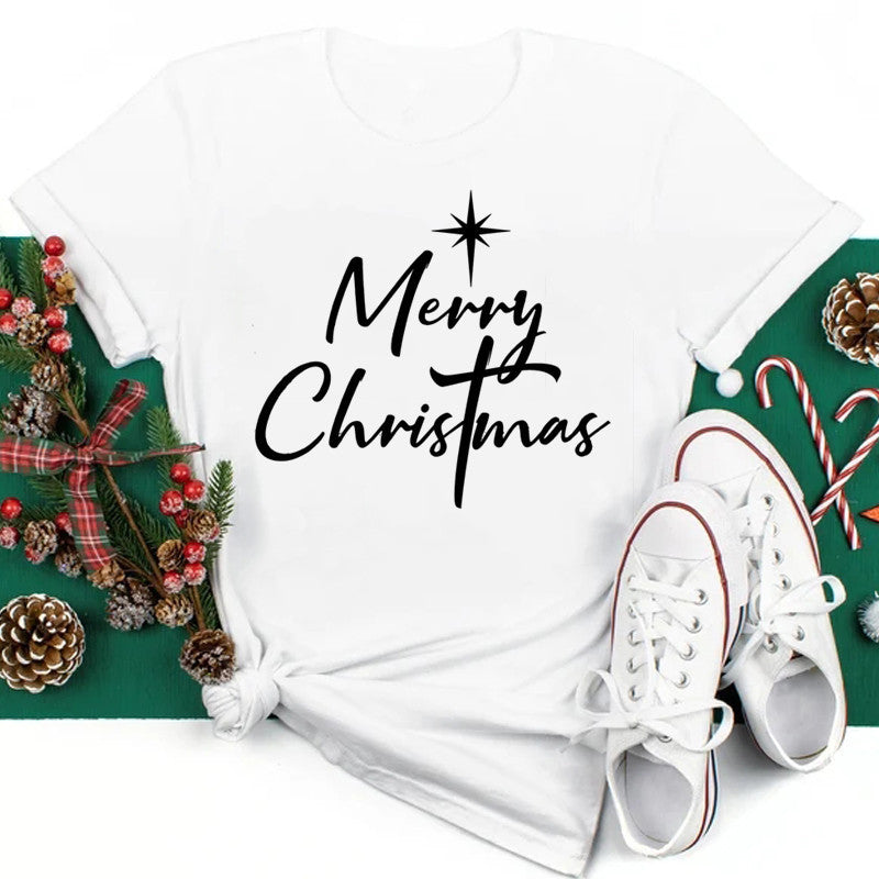 New Year Christmas Plus Size Round Neck Short Sleeve T-shirt