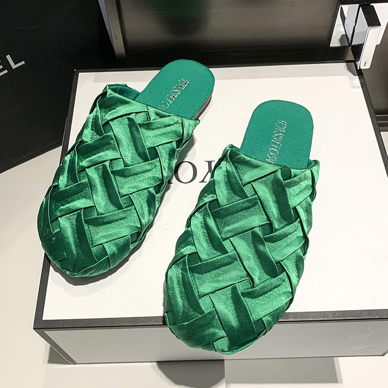 Satin Cloth Covered Head Lazy Half Slippers Flat Heel