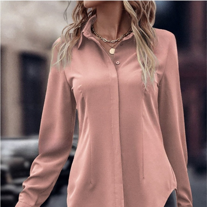 Dobbeltdørs Satin Revers Langærmet Top Pendlingsstil Slim-fit Dametøj