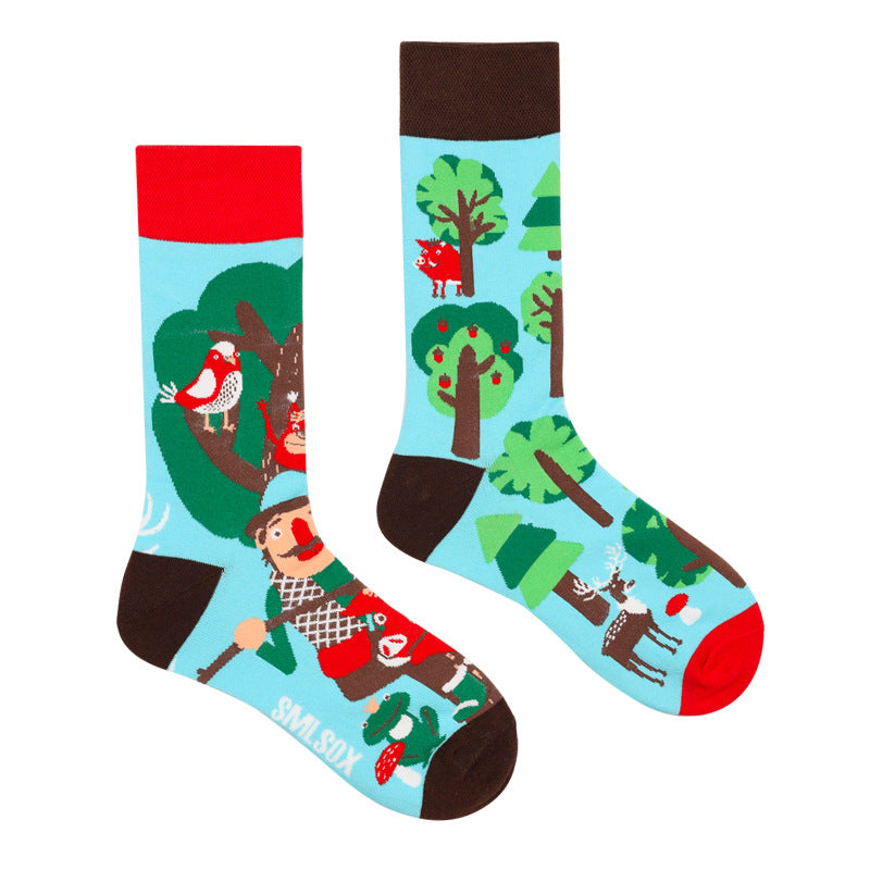 Asymmetrical Color Retro Personality Male And Female Couple Mid-length Cotton Socks