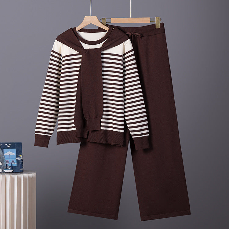 Womens Professional Knit Set Striped Sweater And Wide Leg Pants Two Piece Suit