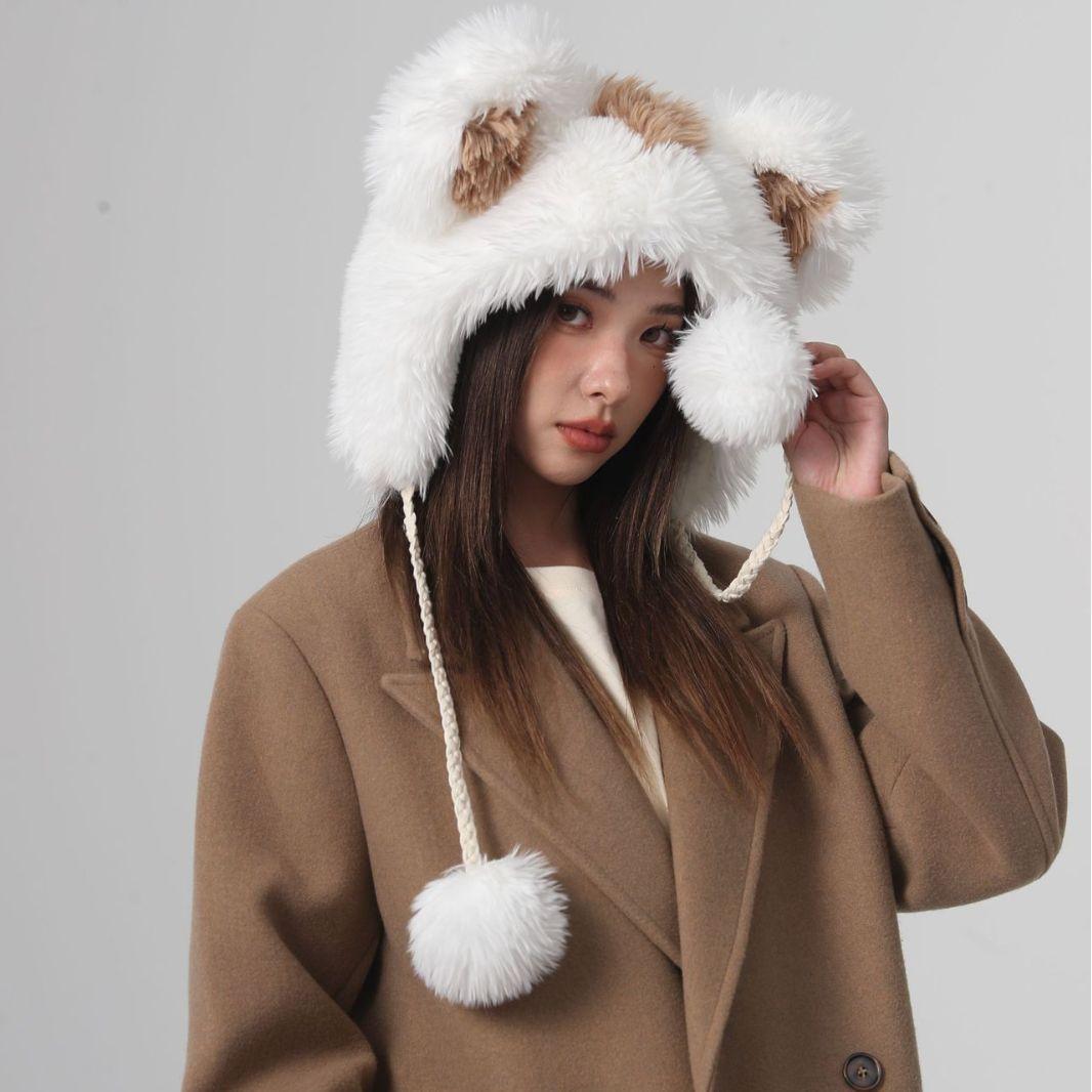 Cute Fur Ball Bucket Hat Women's Winter Plush Warm