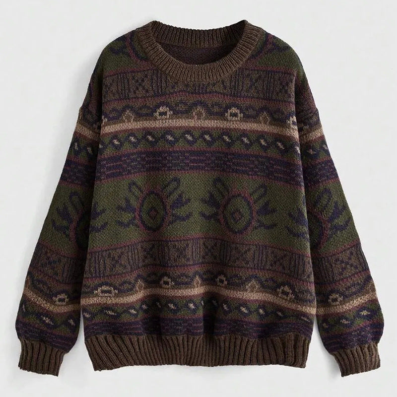 New Jacquard Color-block Round Neck Pullover Sweater Women