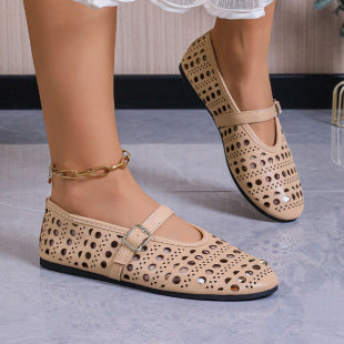 Women's Low-cut Buckle Hollow-out Round Toe Flat Shoes