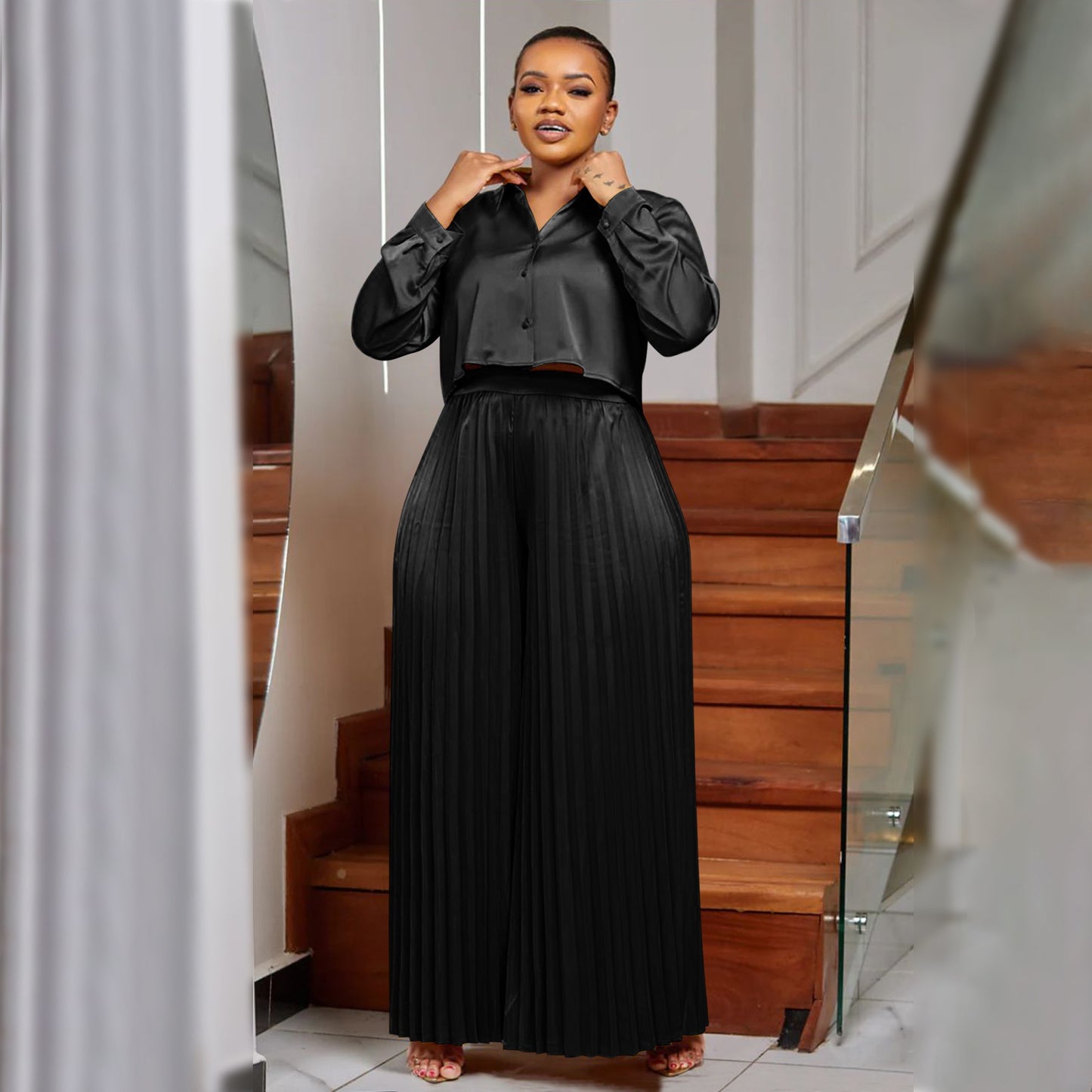 Casual Shirt Top And Wide-leg Pants Pleated Two-piece Set For Export