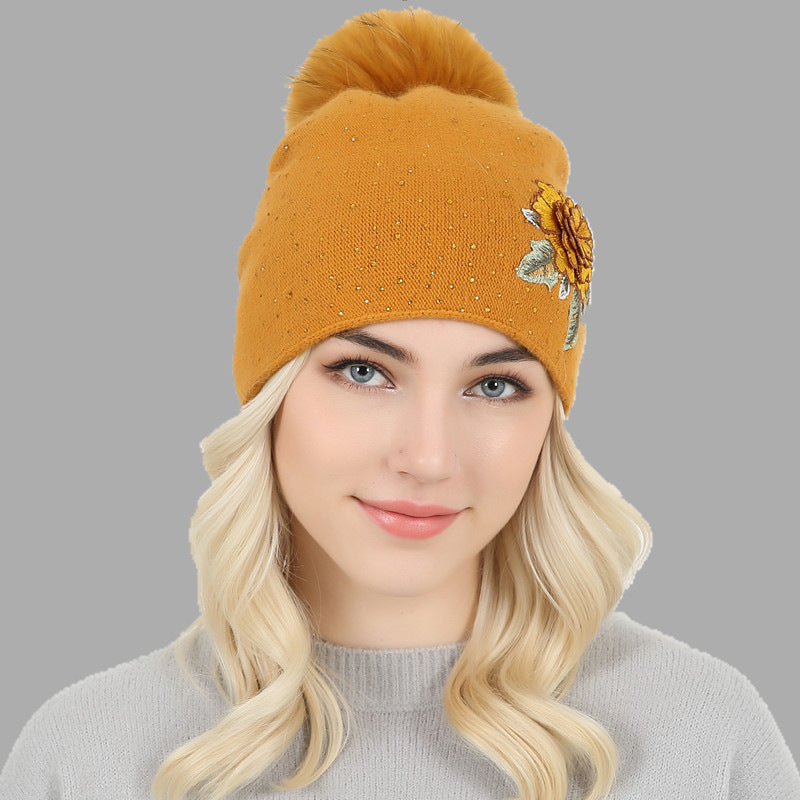 Big Fox Fur Ball Flower Embroidery Knitted Hat 15cm