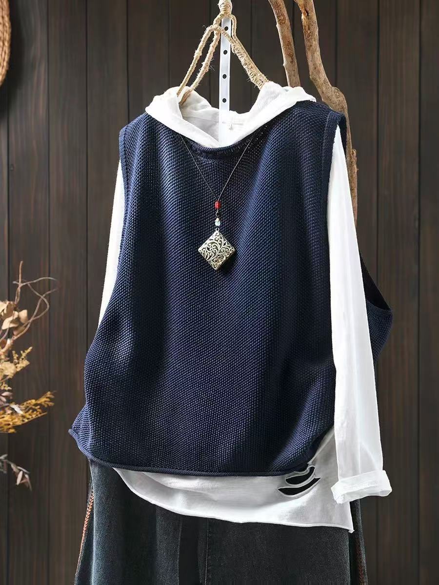 Retro Casual Round Neck Pullover Knitted Cotton Vest