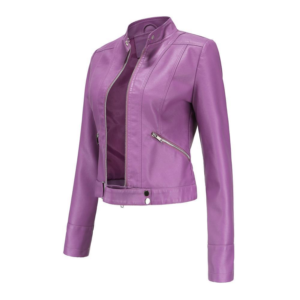 Veste courte en cuir pour femme avec col montant, fine