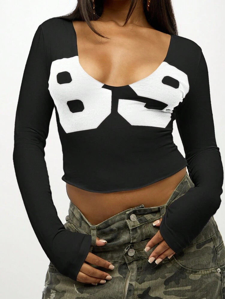 Printed Short-sleeve Slim-fit U-neck Top