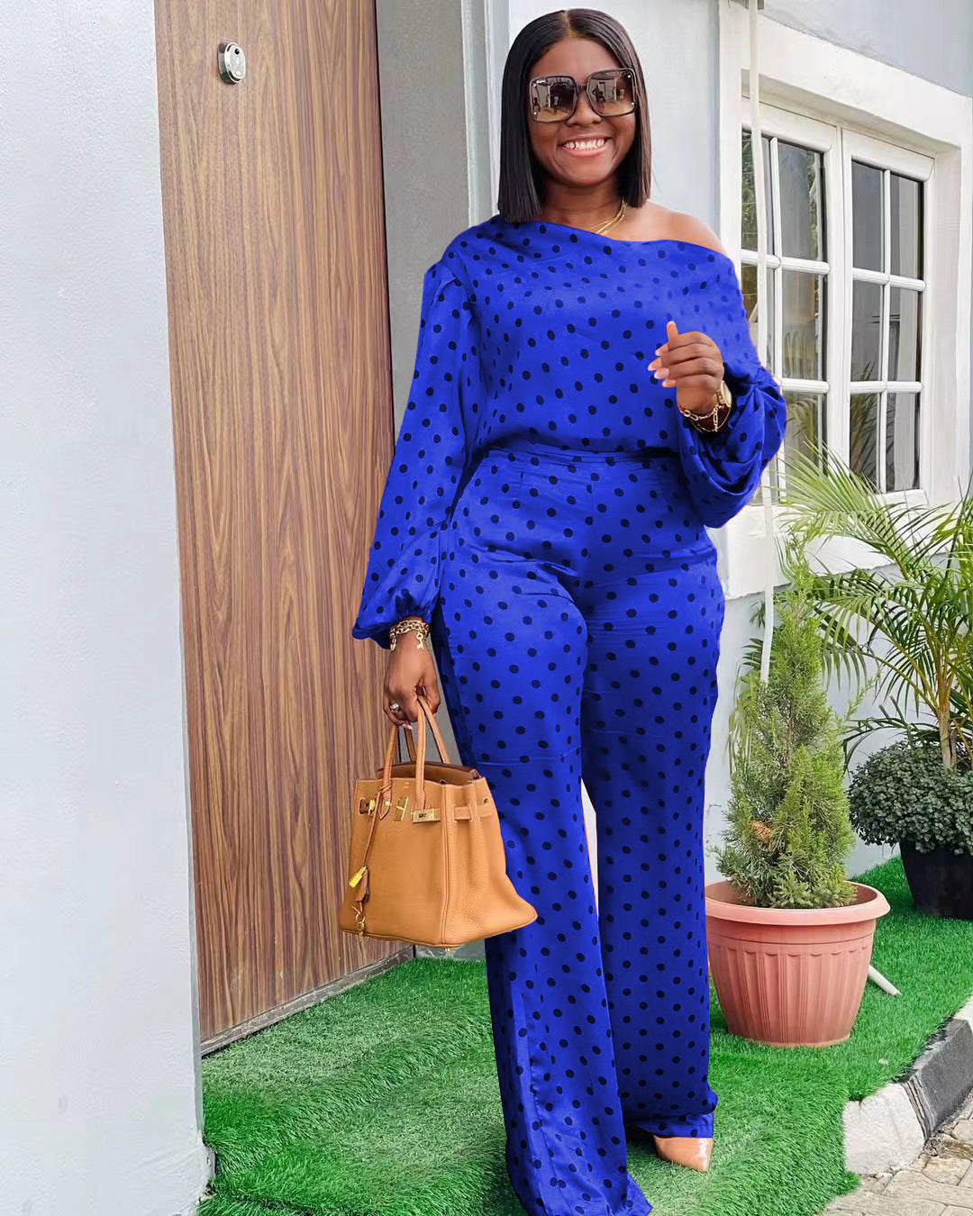 Polka Dot Printed Long-sleeved Trousers Casual Fashion Loose Shoulder Suit