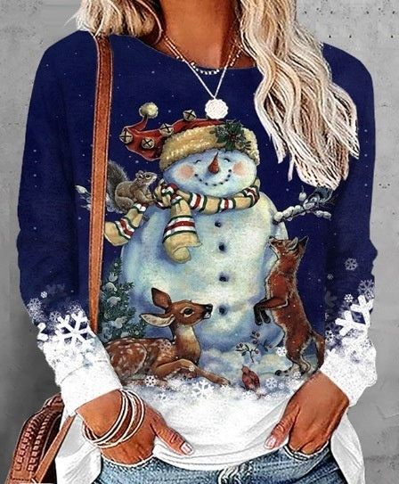 Round Neck Long Sleeve Sweater Plus Size Christmas Print