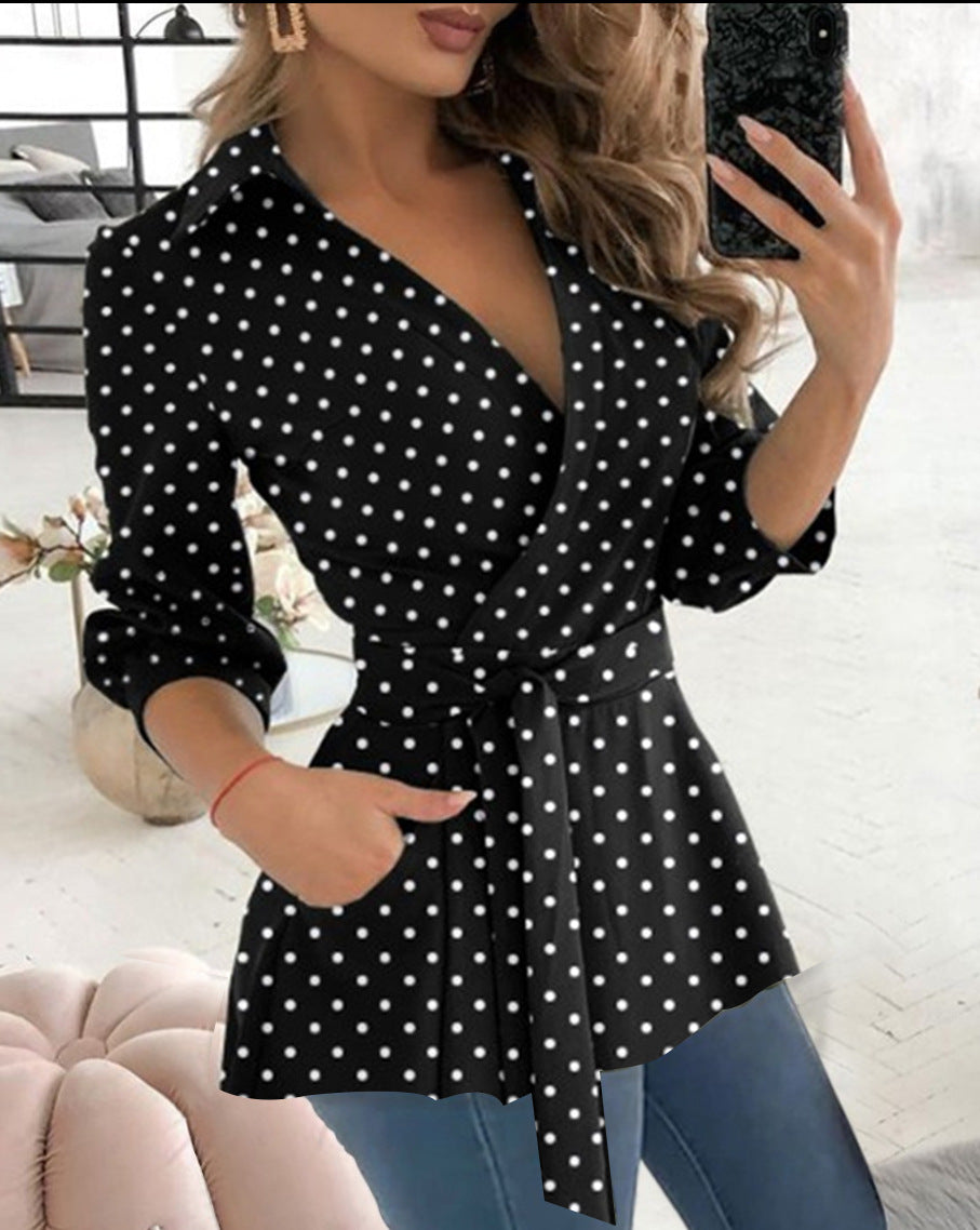 Printed Long Sleeve V-neck Belt Shirt