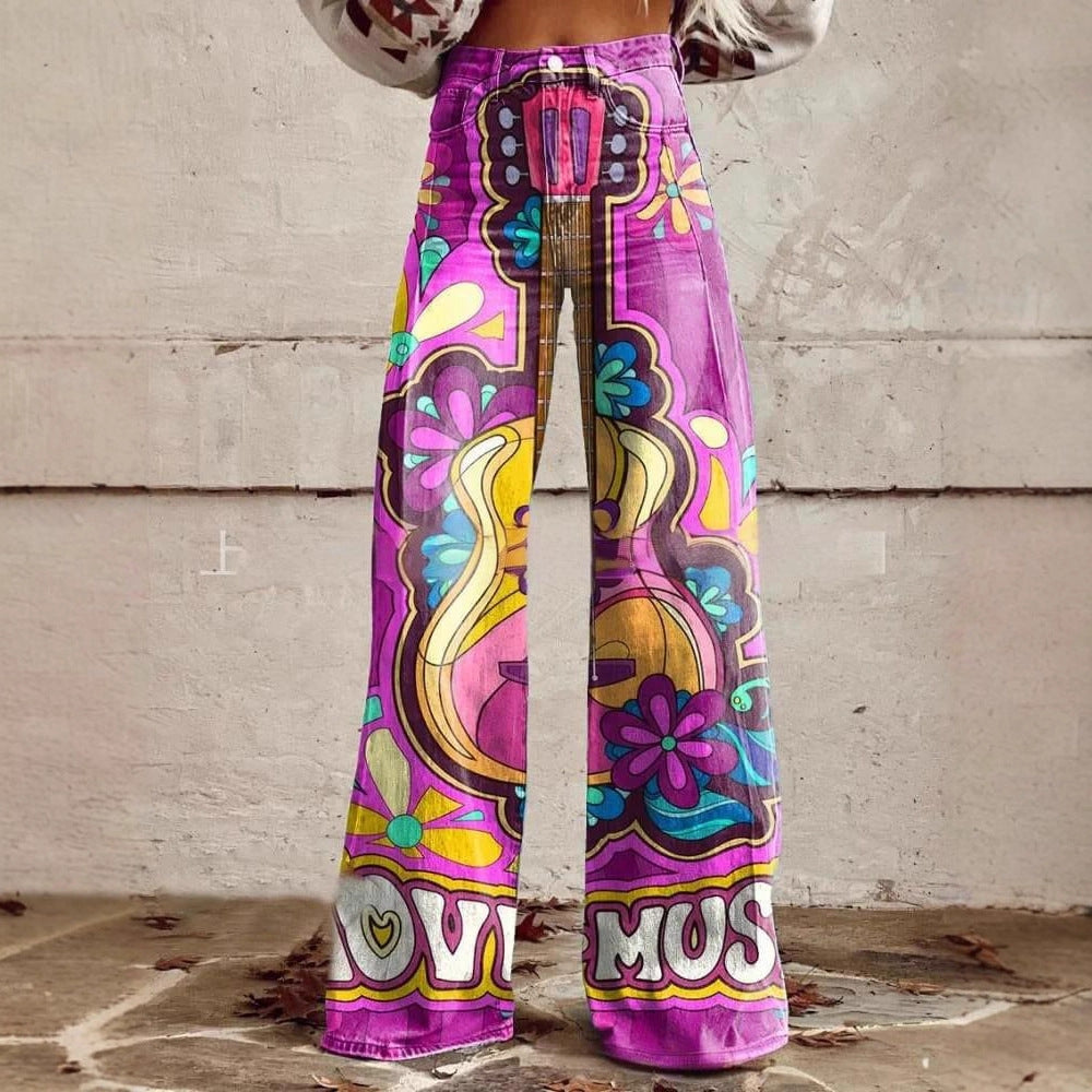 printed Retro Sunflower Guitar Art-style Womens Wide-leg Flared Denim Jeans 3D