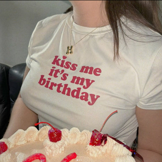 Kiss Me It's My Birthday Letter Print Short-sleeve Slim Fit Short