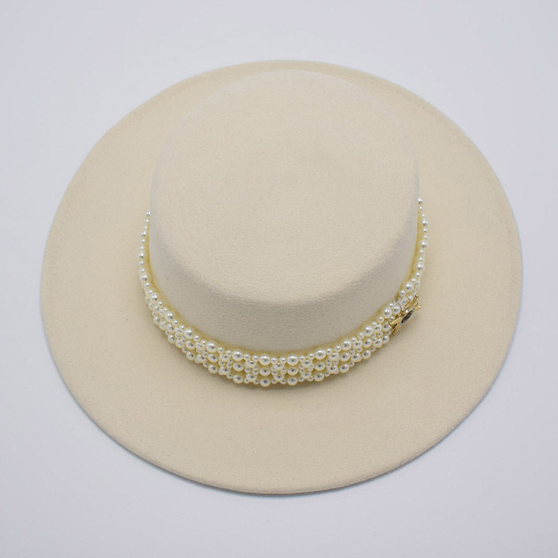 Wide Brim Flat Top Woolen Hat Women's Pearl Chain Felt Cap
