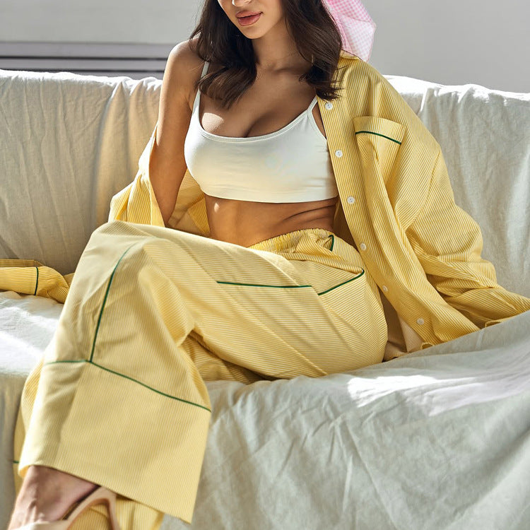 Fashionable Printed Lapel Collar Long-Sleeve Top And Casual Pants Two-Piece Set