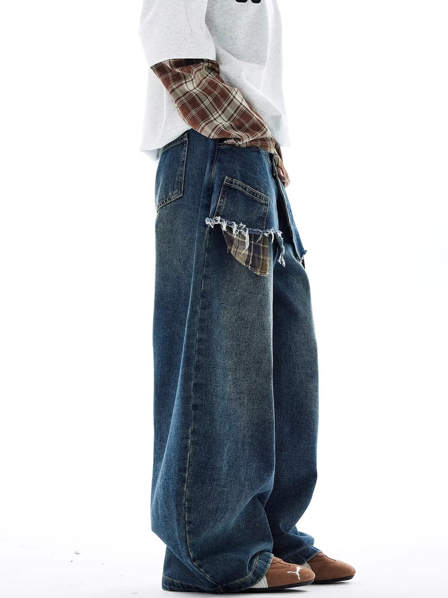 American-style Retro Faux Two-piece Plaid Patchwork Jeans
