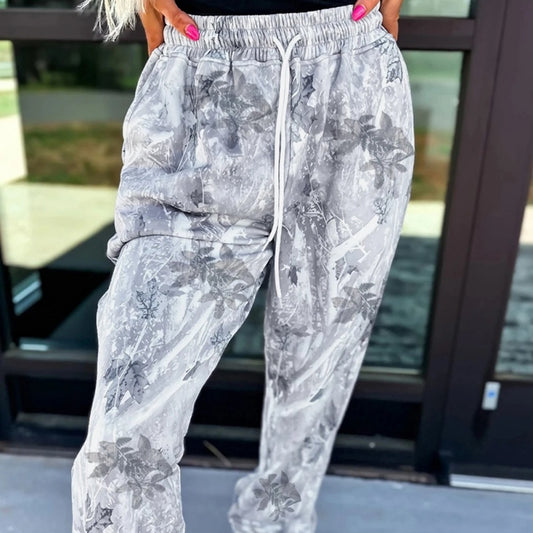 Gray Camouflage Printing Comfortable Drawstring Elastic Waist Ankle Banded Pants