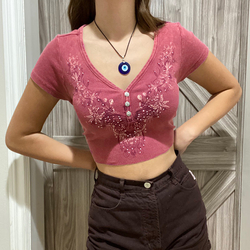 New Distressed Vintage Butterfly Print T-shirt V-neck Top