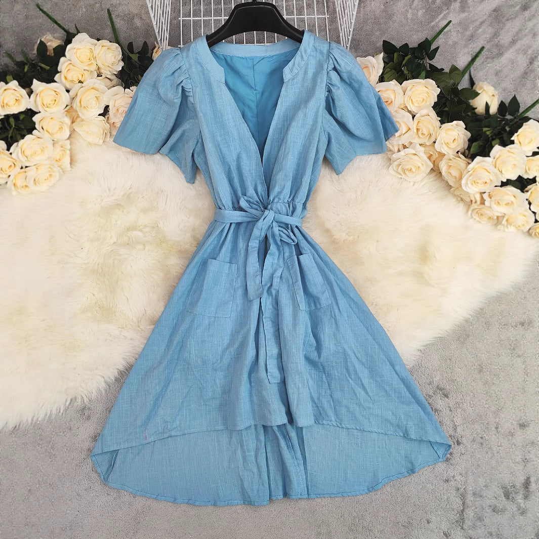 Womens Blue High-waisted Short-sleeve Lace-up Dress