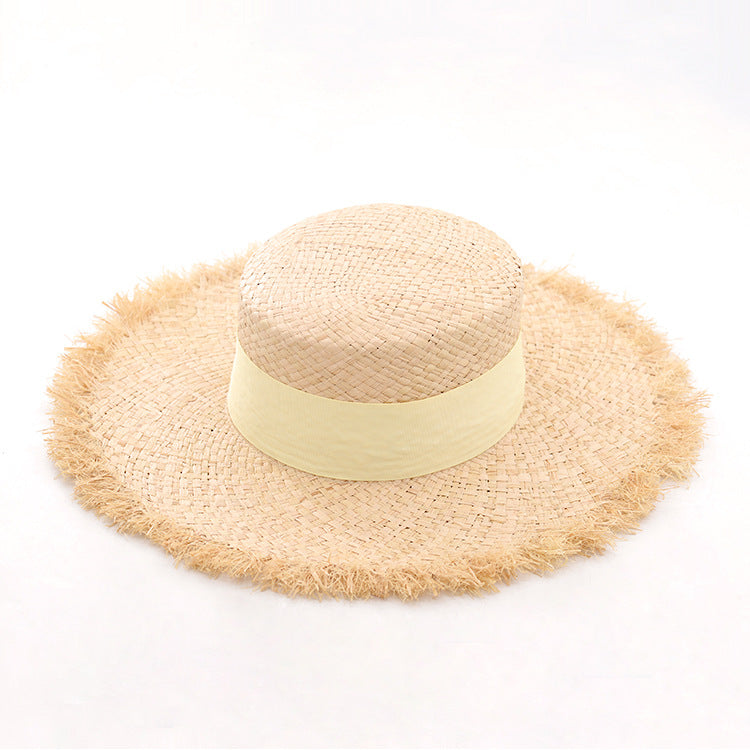 Women's Raffia Frayed Flat Big Brim Hat