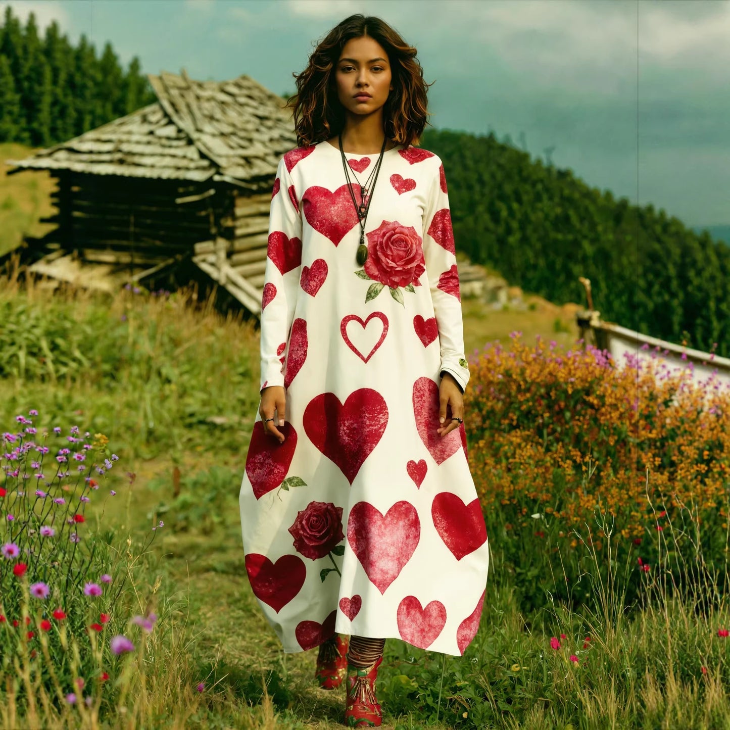 Womens Printed Crew-Neck Long-Sleeve Dress