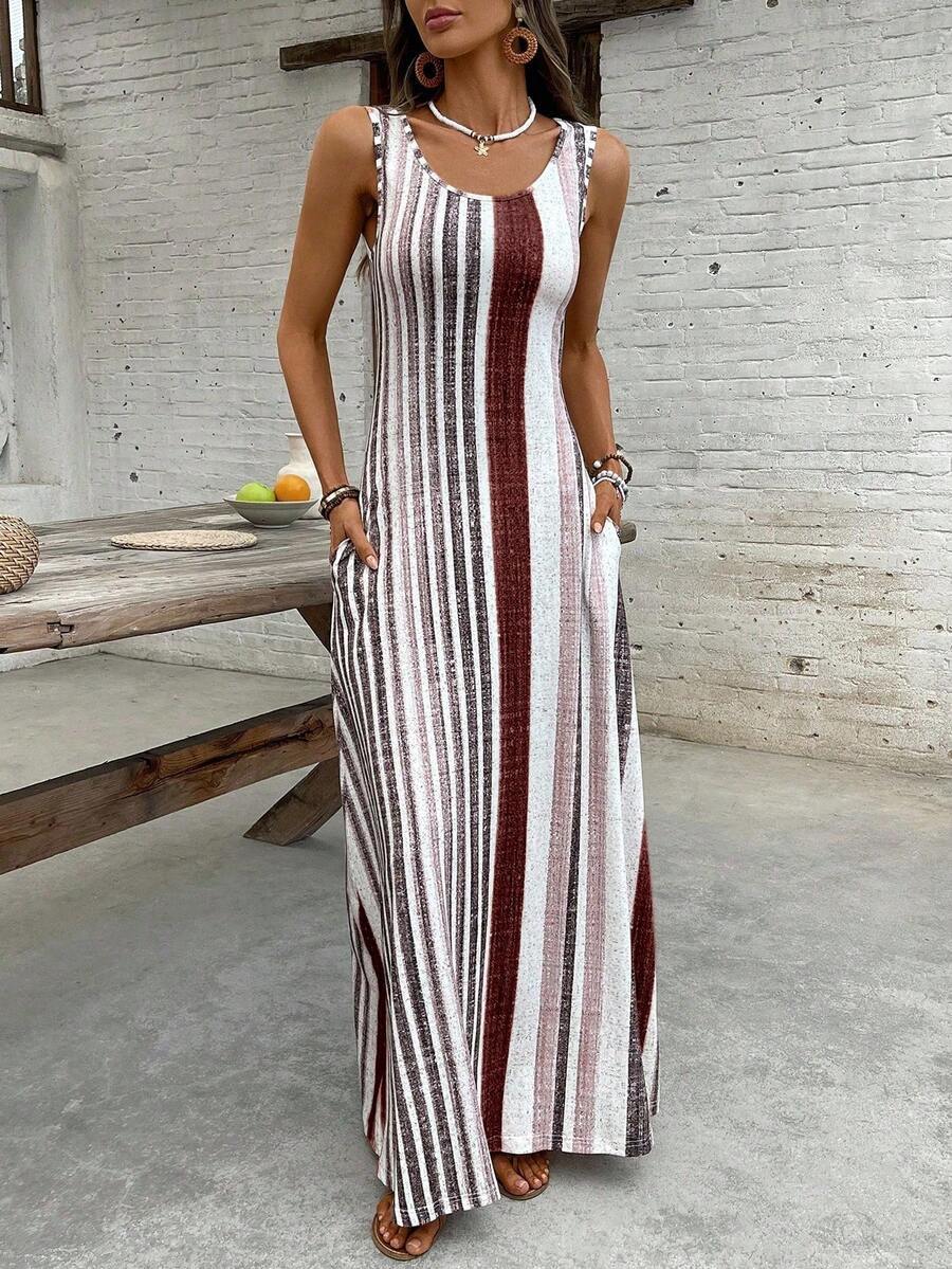 Womens European And American-style Striped Sleeveless Long Dress