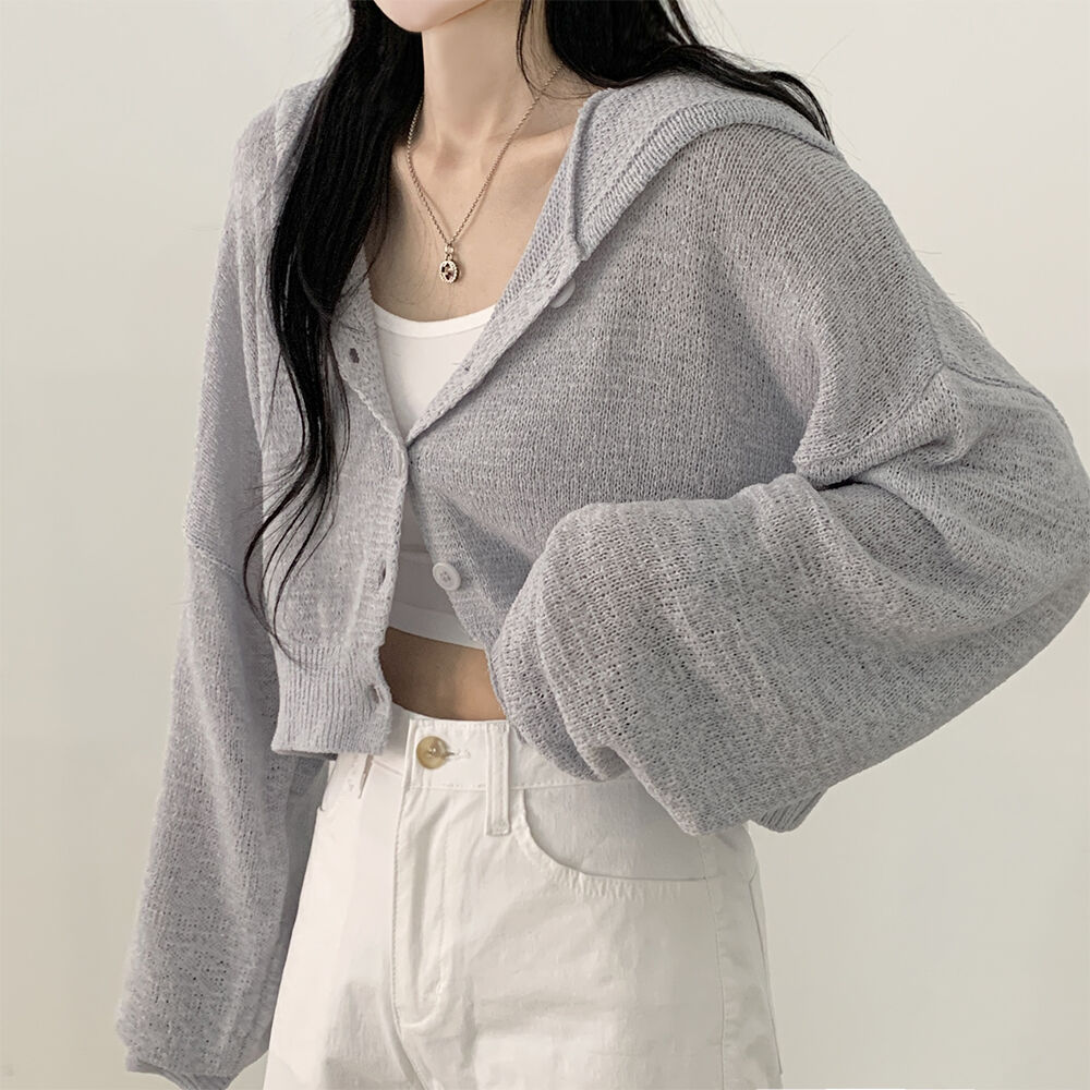 Lazy Style Thin Short Ice Silk Loose Lantern Sleeve Hooded Long-sleeved Cardigan