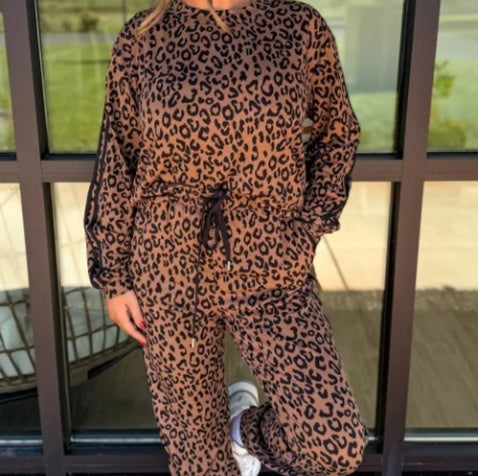 Brown Striped Design Leopard Print Long Sleeve Top Drawstring Pants Suit