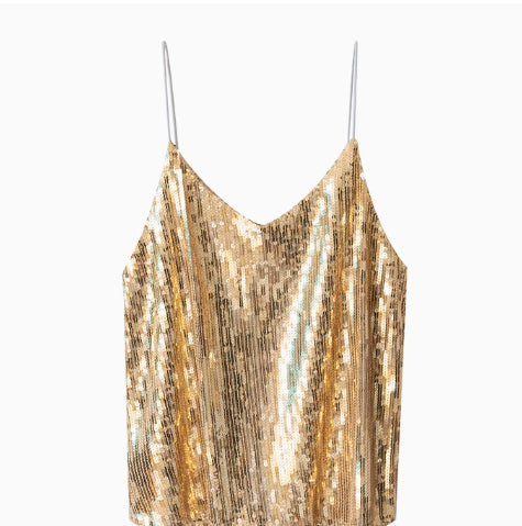 Gold And Silver Color Glitter V-neck Sling Vest