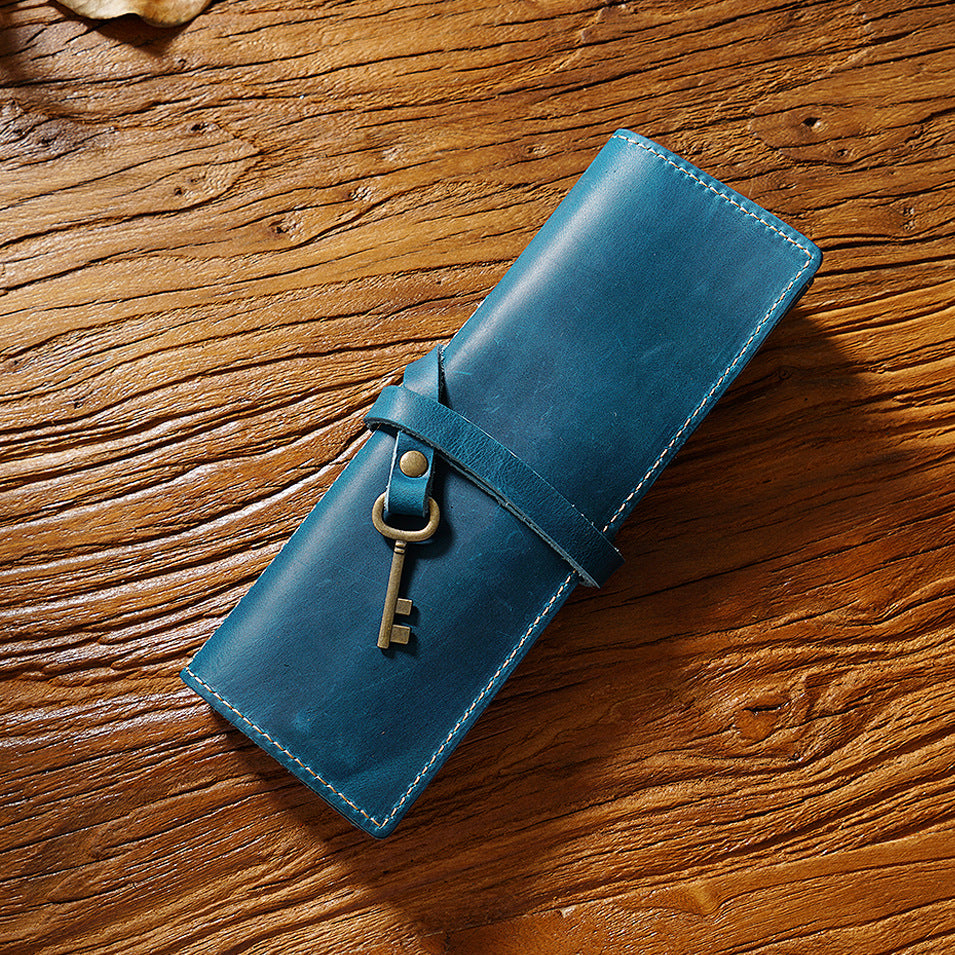 Vintage Cowhide Pen Bag Three Fold Pen Clip Rolling Shutter Stationery