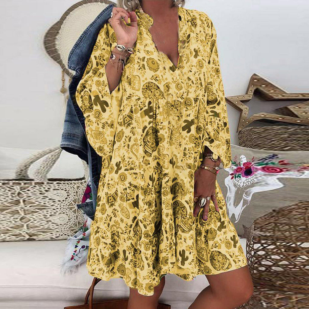 Printed Pointed Collar Button Ruffled Loose Dress