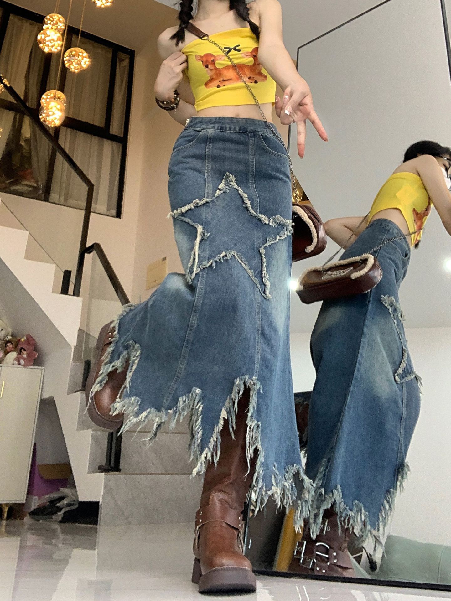 Washed Denim Skirt Women's Five-pointed Star Patch