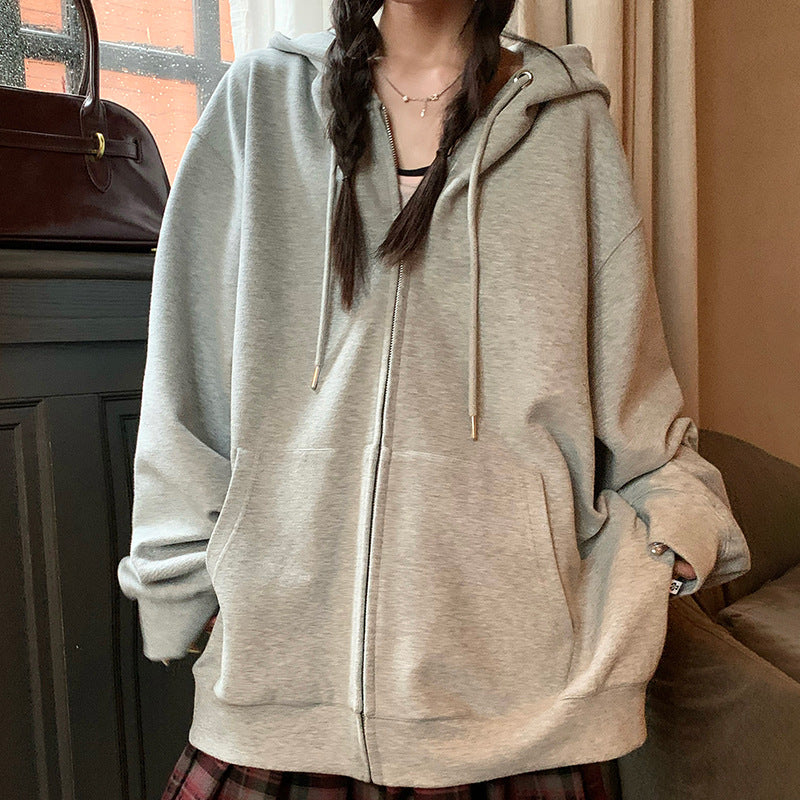 Solid Color Zipper Sweater Coat Women's Autumn Korean Style Hooded
