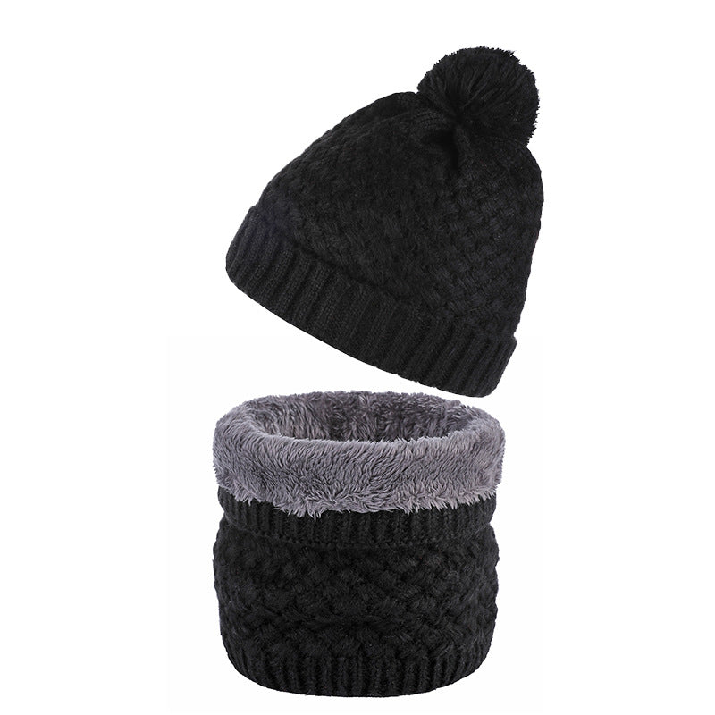 Plus Velvet Thick Knitted Fur Ball Hat Scarf Set Warm Wool Single
