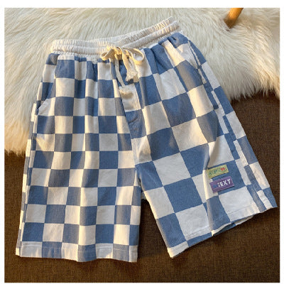 Contrasting Plaid Sports Shorts Loose Wide-leg Trendy Wild Straight Five-point Pants