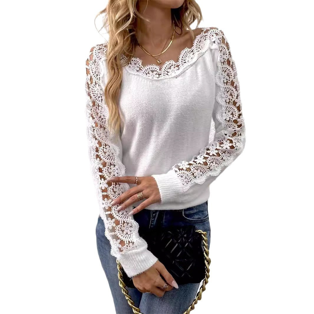 Stylish Lace-Panel Off-the-Shoulder Womens Sweater