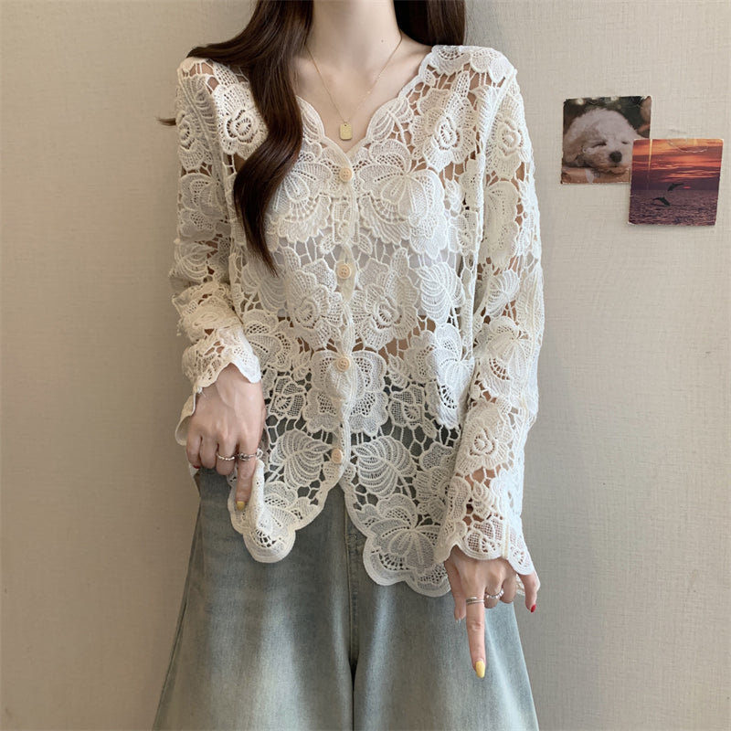 Women's Lace Embroidered Hollow Out Long Sleeve Top