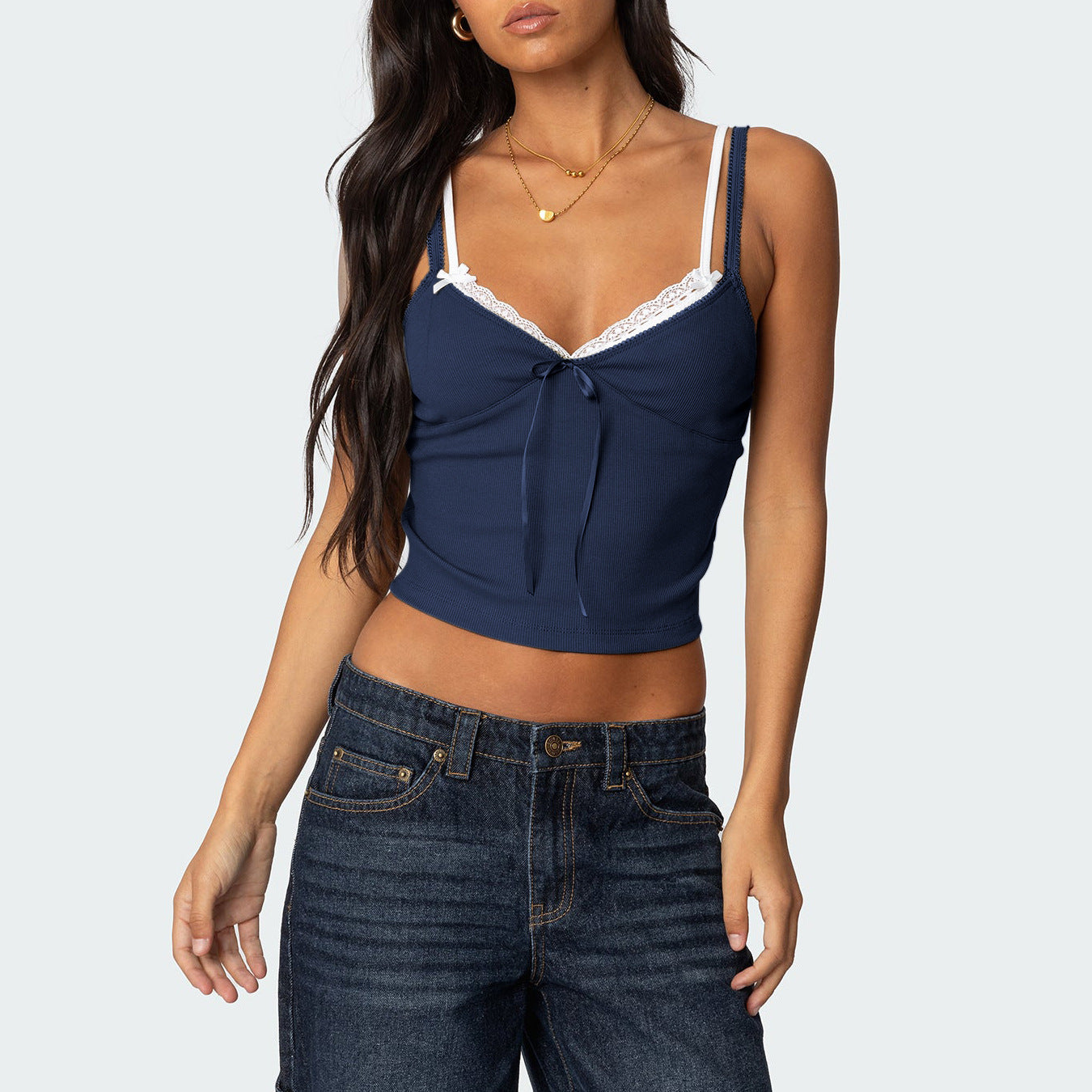 Women's Bow Collage Contrast Color Lace Fake Two-piece Top