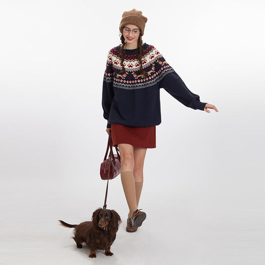 European And American Retro Contrast Color Loose Couple Jacquard Loose-fitting Pullover Sweater