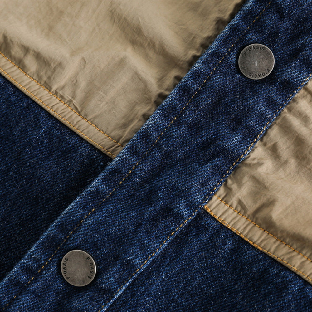 Color Matching Stitching Denim Baggy Coat Men's